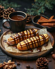 Delicious mini eclair filled with vanilla cream and topped with caramel for cozy autumn vibes