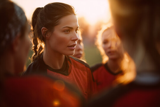 Focused young female soccer player listening to teammates at sunset, determined athlete in red jersey during an intense team huddle