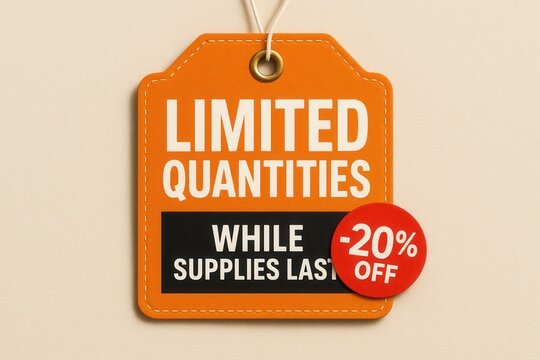 Limited Quantities sale tag with -20% OFF discount offer, vibrant style, eye-catching retail promotion while supplies last.