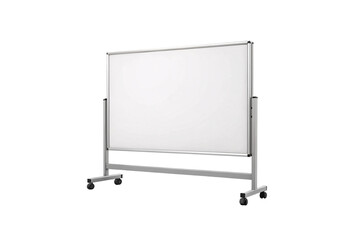 Mobile whiteboard with silver aluminum frame on rolling wheels for presentations and office use, isolated on a transparent background