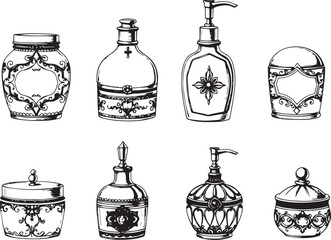 A set of cosmetic containers. Jars, vials, bottles, tubes. Hand drawn vector illustration