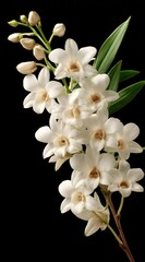 A cluster of delicate white orchid blooms and buds on a branch with green leaves, showcased against a solid black backdrop
