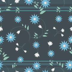 Plant Floral pattern. Vector background. White and blue flowers on dark background with border. Seamless floral pattern