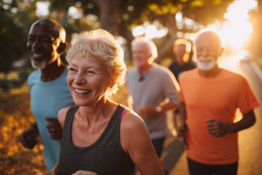 Active senior friends jogging together at sunset in a park, joyful and healthy retirees enjoying outdoor fitness community, and wellbeing during golden hour