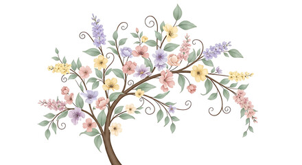 Fototapeta premium Artistic rendering of a tree with pastel flowers and curling vines on a white background space ai generated