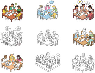 Teamwork illustration, office meeting, group brainstorming, business discussion scene, diverse colleagues collaboration, laptop teamwork concept vector art set
