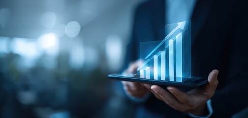The Tablet Displaying Holographic Growth Chart in Modern Business Technology Concept