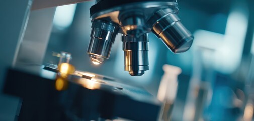 The microscope focusing on a specimen in a modern research laboratory setting.