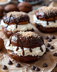 Delightful mini eclair filled with vanilla cream and topped with caramel drizzle for autumn vibes