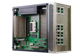Modern compact computer cpu tower internal components exposed for technical detail transparent background