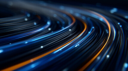 Macro perspective of electric motor coils and high-voltage wiring, organized blue and orange lines emphasizing advanced automotive engineering