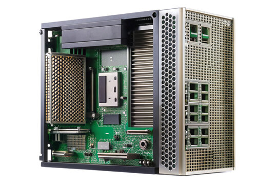 Modern compact computer cpu tower internal components exposed for technical detail transparent background