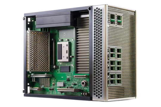 Modern compact computer cpu tower internal components exposed for technical detail transparent background