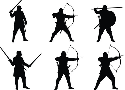 Medieval warrior silhouette vector, archer and swordsman, knight fighter poses, battle stance, historical combat, ancient soldier illustration, black shadow artwork design