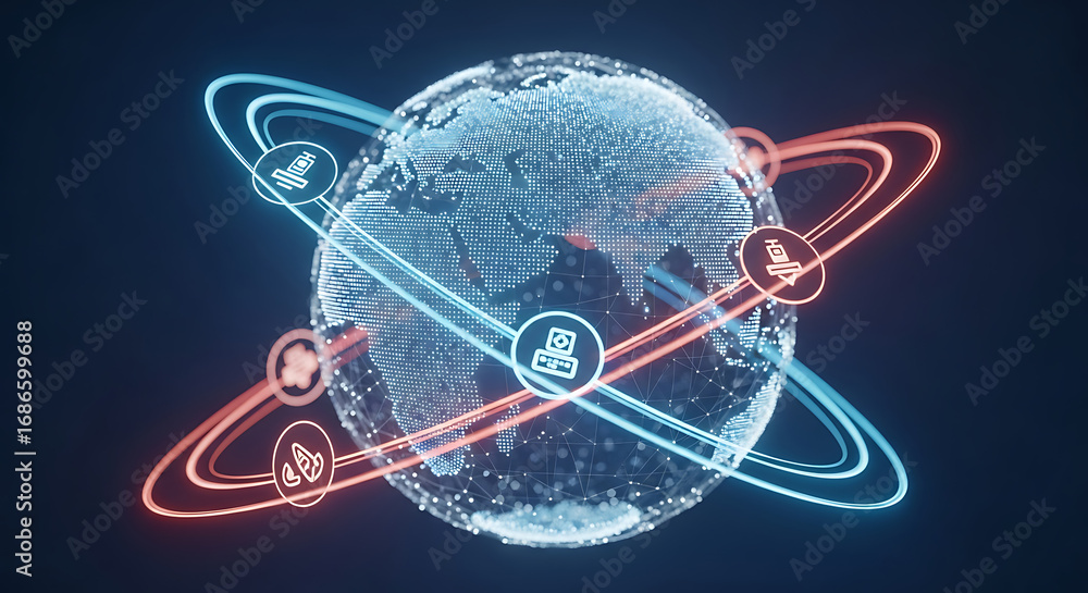 Aufkleber digital globe with orbiting icons representing global network and communication technology concept