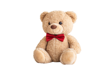 Brown teddy bear with red bow tie sitting upright, soft plush texture, black button eyes, isolated on a transparent background
