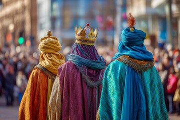 Fototapeta premium Three Wise Men in colorful crowns and robes during festive Epiphany parade