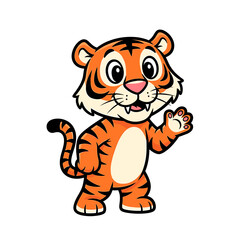 Obraz premium A cheerful cartoon tiger stands, waving its paw in a friendly greeting, smiling.