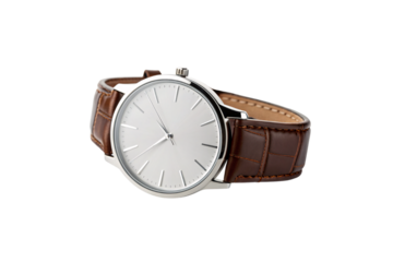 Classic analog wristwatch with white face, brown leather strap and silver case showing time, isolated on a transparent background
