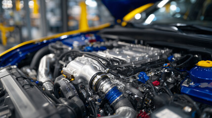 Fototapeta premium Detailed shot of car engine internals, hoses, connectors, and shiny metal parts arranged neatly, emphasizing modern automotive quality