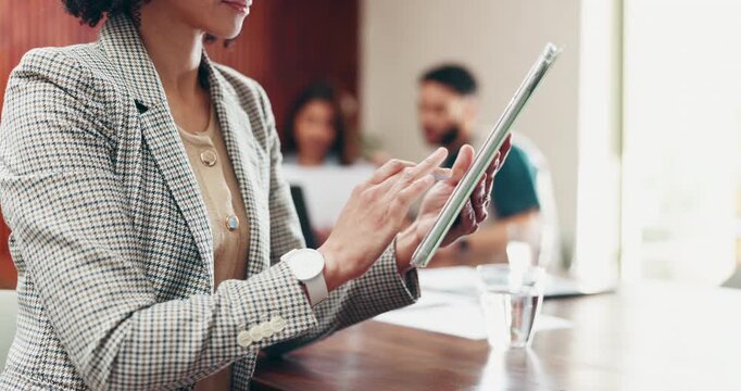 Business woman, hands and tablet in meeting with team, planning and research for project management. Typing, browsing and employee with tech, schedule update or feedback for proposal in boardroom
