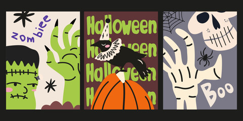 Halloween festive backgrounds with cartoon spooky monsters, zombie, vampire, ghost, skeleton, crow, pumpkin in retro groovy style. Mystical scary holiday posters set for invitation, decor