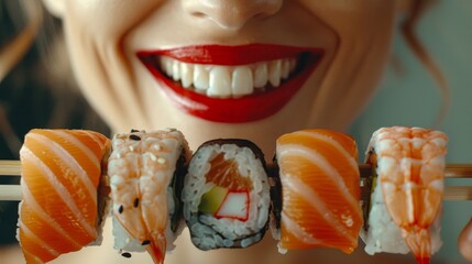 Vibrant close up of a woman s radiant smile with red lipstick, enjoying sushi with chopsticks
