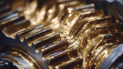 Engine gears rotating as golden motor oil cascades over teeth, metallic surfaces glistening with reflections from the fluid