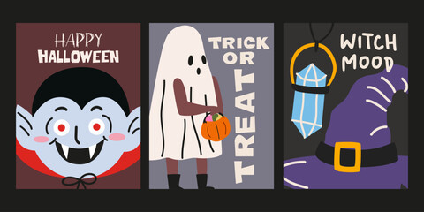 Halloween festive backgrounds with cartoon spooky monsters, zombie, vampire, ghost, skeleton, crow, pumpkin in retro groovy style. Mystical scary holiday posters set for invitation, decor