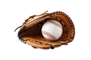 Baseball glove with white baseball inside, brown leather mitt with red stitching details, isolated on a transparent background
