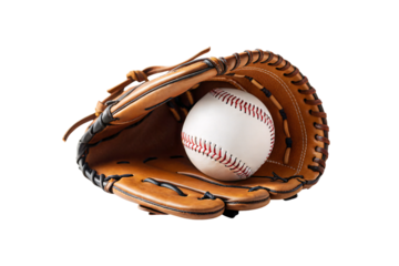 Baseball glove with white baseball inside, brown leather mitt with red stitching details, isolated on a transparent background