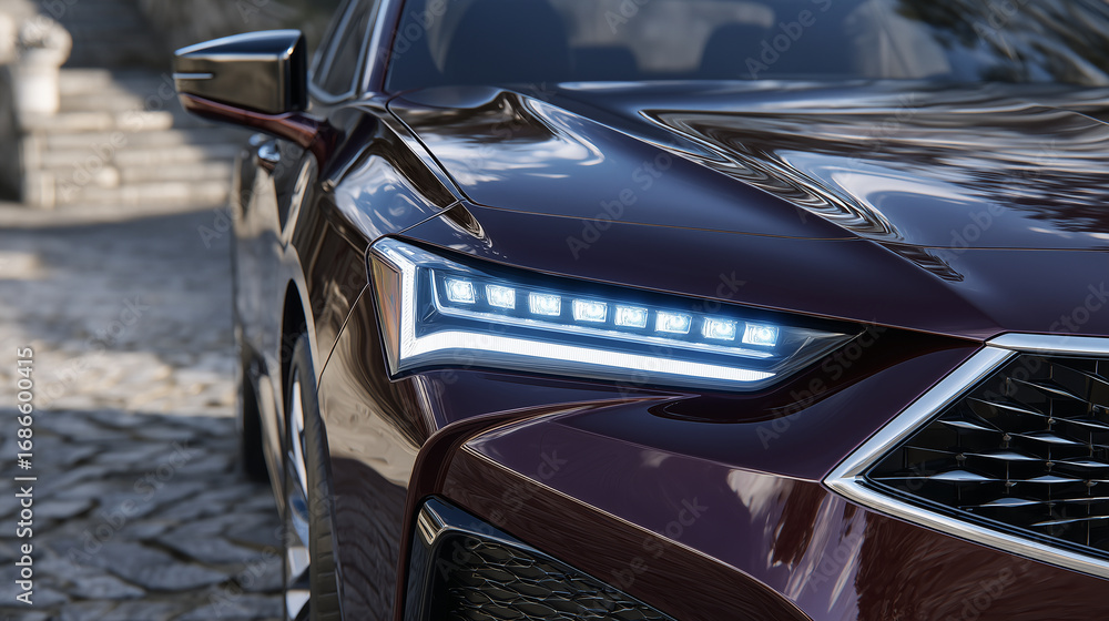 Poster detail shot of led daytime running lights, angular design emphasized, metallic surfaces reflecting s