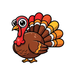 A cartoon turkey with large eyes and vibrant plumage stands proudly.