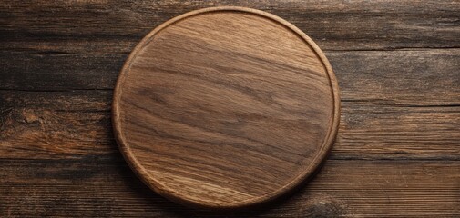 The round wooden surface on a rustic background for culinary uses.