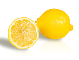A whole lemon and a halved lemon on a white background.