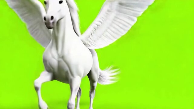 A white winged horse, Pegasus, with wings spread, against a bright lime-green background.