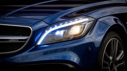 Modern luxury car detail, glowing LED strips around headlights, smooth body curves highlighted by soft reflections
