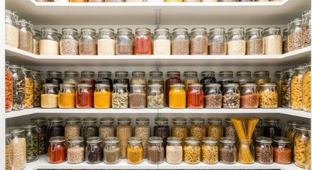 Neat shelves filled with jars containing dry food ingredients, organized