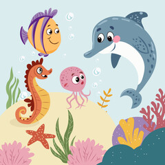 Cute cartoon sea animal dolphin, fish, seahorse, octopus on ocean sand bottom with coral reef. Summer underwater life concept. Vector illustration for kid, wallpaper, fabric