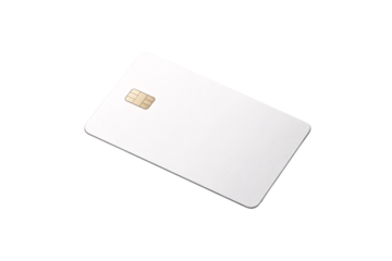 Blank white credit card with golden chip positioned at angle on surface, isolated on a transparent background