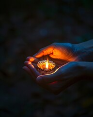 Illuminated hands cradling a candle in a dimly lit room creating an atmosphere of serenity