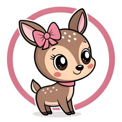 Adorable Chibi Baby Musk Deer Fawn With Sparkly Eyes Sweetly Wearing A Cute Candy Bow, Whimsical Pastel Cartoon Style, Charming Kawaii Fantasy Woodland Animal Character