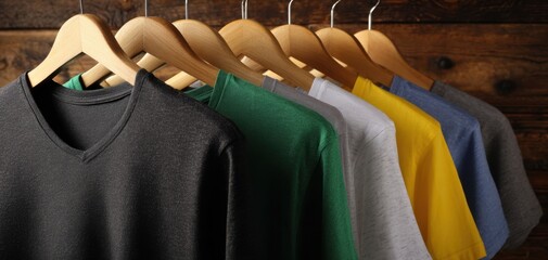The display of colorful t-shirts hanging on wooden hangers.