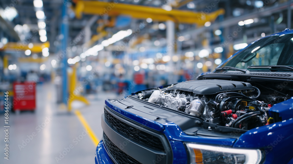 Poster macro perspective of suv engine, engine block, belts, and high-tech modules in focus, mechanic tools