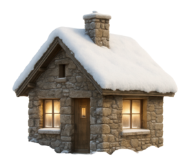 Snow-topped stone cabin with frosted windows and chimney smoke