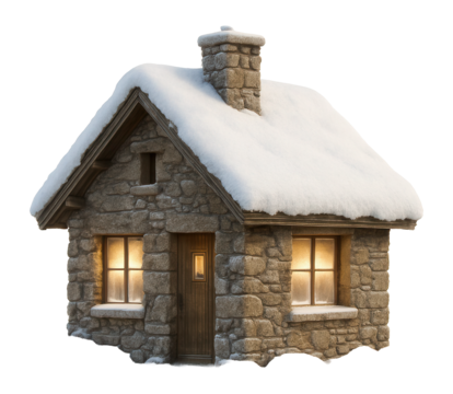 Snow-topped stone cabin with frosted windows and chimney smoke