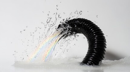 Dynamic shot of water arcing from a coiled black rubber hose on white backdrop, sunlight creating rainbow refraction in the spray