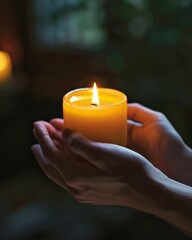 Hands grasping a flickering candle in a dimly lit room, creating a mysterious atmosphere