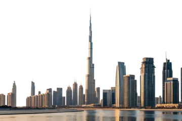 Bilder mit Rahmen Burj Khalifa Dubai skyline featuring Burj Khalifa tower and modern skyscrapers reflected in calm water, isolated on a transparent background  © Tanicsean
