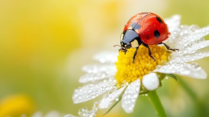 Extreme macro shot of a vibrant red ladybug (*Coccinella magnifica*) perched on a delicate chamomile blossom, dewdrops on petals, soft natural lighting, organic farming symbolism